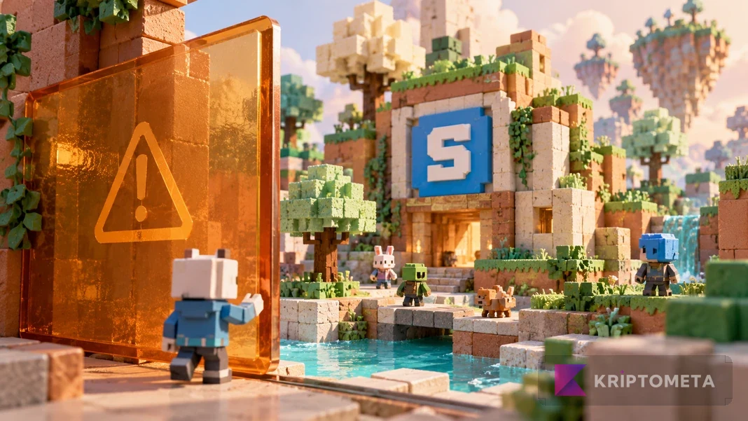 Sandbox simgeli blok dünyada yana kaydırılmış amber uyarı paneli ve oyun karakterleri