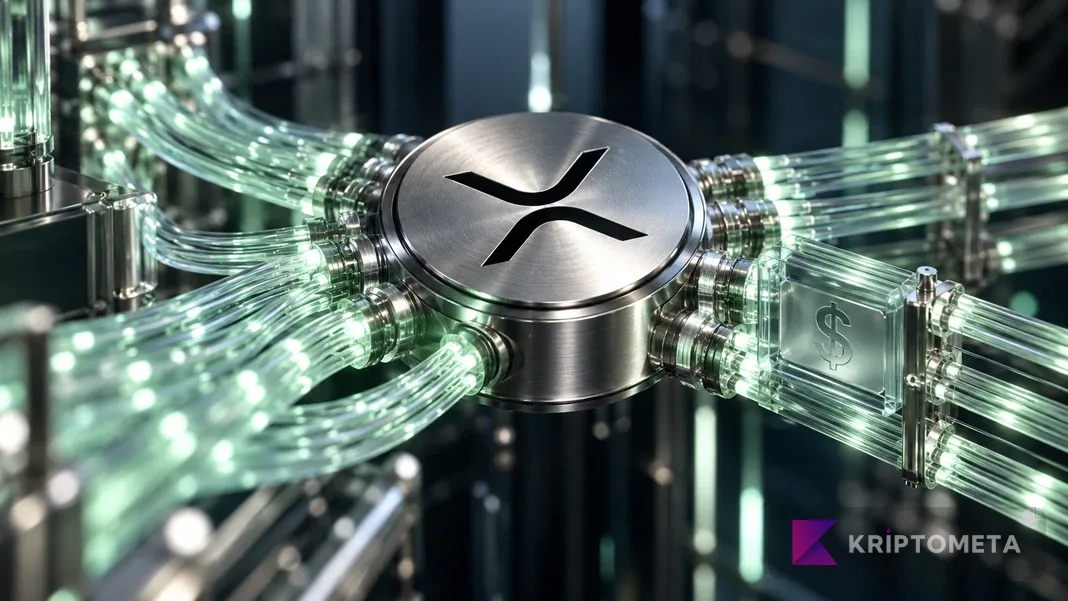 XRP simgesi çevresinde birleşen optik bağlantılar ve dolar simgeli cam modül